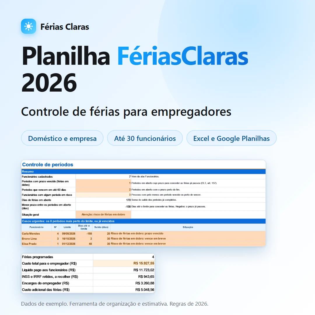 Capa da Planilha FériasClaras 2026 para empregadores: controle de férias de até 30 funcionários, para empresa e empregador doméstico