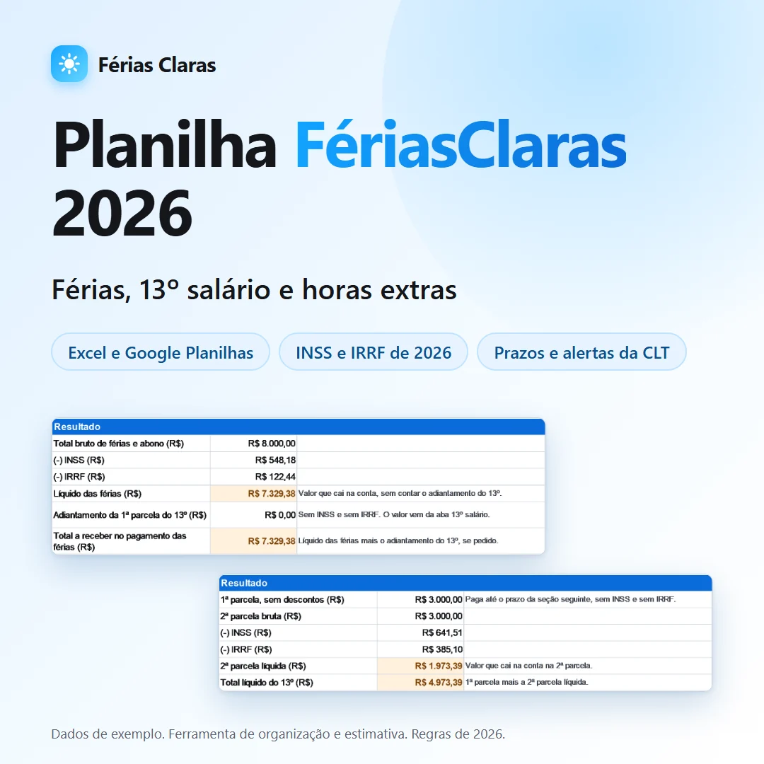 Capa da Planilha FériasClaras 2026: férias, 13º salário e horas extras